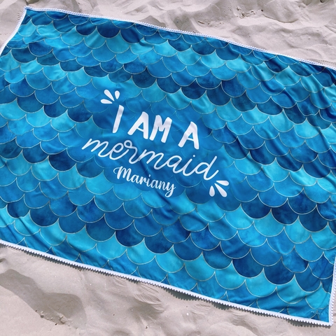 Canga de Praia Personalizada com Mini Pompons | Estampa Sereia