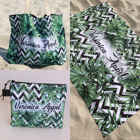 Kit Praia Estampa Folhas Verdes