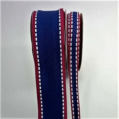 Fita gorgurão Sinimbu Decorativa Jeans 38 mm com Pespontada Vermelha - Rolo