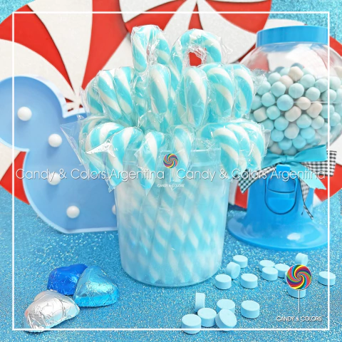 Bastón de caramelo de 14 cm - celeste y blanco - por unidad