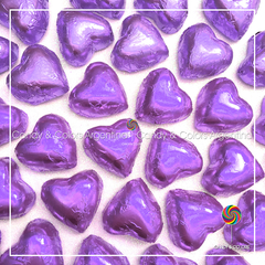 10 x Bombon de chocolate suizo en forma de corazón relleno de dulce de leche envuelto en papel metalizado - lila violeta claro - brillante - pack 10 unidades
