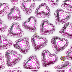 10 un. Bombones de chocolate suizo en forma de corazón relleno de dulce de leche envuelto en papel metalizado - floral - plateado con fucsia brillante - pack 10 unidades