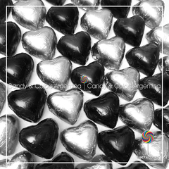 10 un. Bombón suizo corazón relleno de dulce de leche - negro y plateado - pack 10