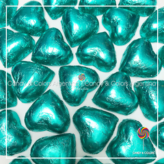 10 x Bombon de chocolate suizo 10 grms c/u en forma de corazón envuelto en papel metalizado - agua intenso verde tiffany - brillante - pack 10 unidades