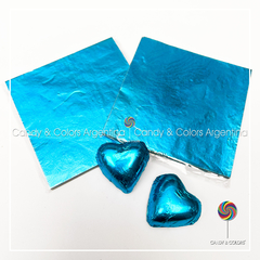 50 Hojas 9 x9 cm Papel Aluminio Tipo Chumbo para Envolver Bombones - celeste turquesa brillante