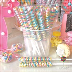 Pirulínes de caramelo - multicolor pastel - rosa con amarillo y celeste auga aprox. 18 cm - unidad