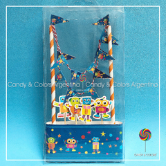 Set de Adorno para torta Banderín con pinches y faja para torta - tematica robots
