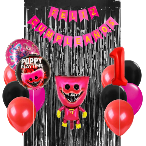 Combo Cumpleaños Globos Temática Poppy Playtime Fucsia Oscu