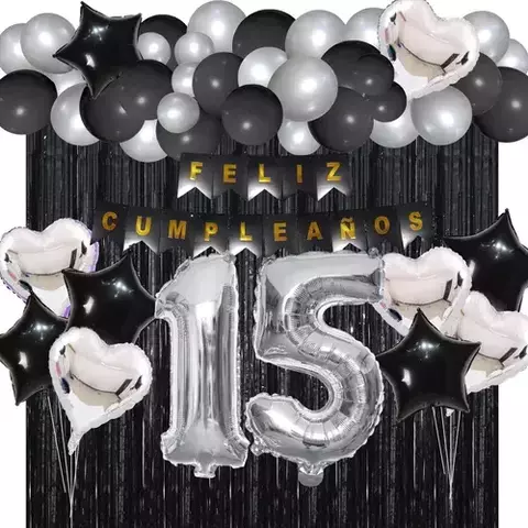 Combo Globos Cumpleaños 15 años Negro Plata