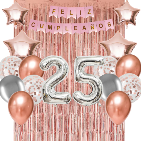 Combo Cumpleaños Globos Temática Rosa Gold Plata