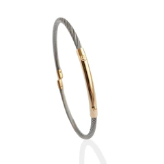 Pulseira masculina em aço inox 316L com detalhes folheados a ouro 18K. Design contemporâneo de estética limpa e precisa.