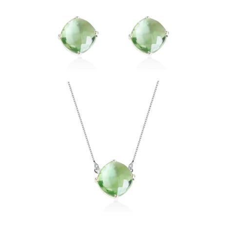 Conjunto de joias em prata 925 com pedras de peridoto quadrado, incluindo brincos e colar
