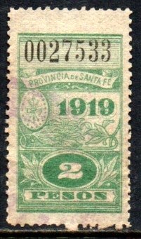 03475 Argentina Estampilla Fiscal 2 Pesos 1919 Santa Fé U