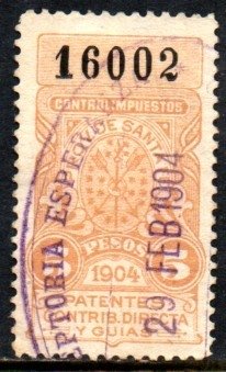03476 Argentina Estampilha Patentes 5 pesos 1904 Santa Fé U