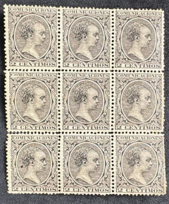Espanha 1889 - Rei Afonso XII - Bloco de 9 selos novos - Yvt: 197 (2¢ Noir) €.33 cada selo - U$397,00 sem considerar o