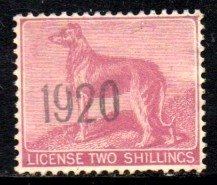 06457 Irlanda Selos Fiscais Dog license 1920 Two Shillings Rara