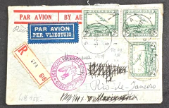 Envelope circulado da Bélgica para o Rio de Janeiro, registrado, porteado com 11 selos de 2 FR (3 na frente e 8 atrás),