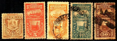 15416 Peru Taxas 1/5 Brasão Navio e Lhama NN / u