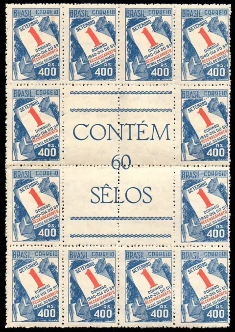Brasil C 0159 C Recenseamento Bloco de 12 selos com interpano Filigrana M Cruz de Malta Horizontal 1941 NNN