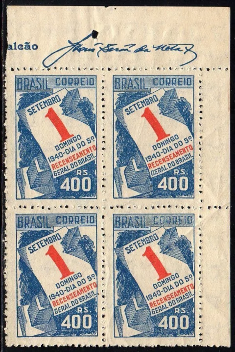 Brasil C 0159 C Recenseamento Filigrana M Cruz de Malta Horizontal Quadra 1941 NNN (a)