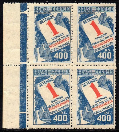 Brasil C 0159 C Recenseamento Filigrana M Cruz de Malta Horizontal Quadra 1941 NNN (e)