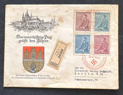 Envelope ilustrado de propaganda do Protetorado da Boêmia e Morávia, com saudação. "A cidade milenar de Praga saúda o Fü