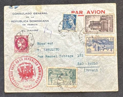 Envelope enviado do Consulado Geral da República Dominicana em Le Havre (França) para São Paulo. Porte de 38,5 francos (