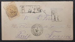 Envelope Registrado de Pernambuco para Paris porteado com 700 réis Cruzeiro Sobrestampado (Carimbo M