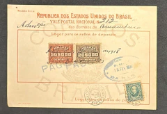Vale Postal Nacional, mod. 3 v.p, papel grosso, circulado de Pernambuco para Bahia Valor: 70$000