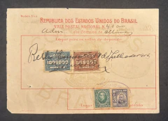 Vale Postal Nacional, mod. 3 v.p, papel grosso, circulado de Minas para a Bahia Valor: 150$000