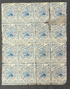 Madrugada 50 réis azul - Bloco de 16 selos, com reforços - RHM 92 - 576 Ufs.