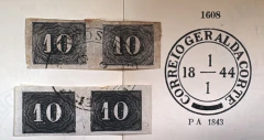 Numerais - Numeral vertical 10 réis - dois pares com carimbos: "SANTOS E CGC" com e sem desgaste da chapa - 450 Ufs.