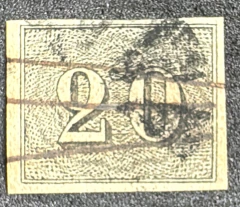 Numerais - Numeral 20 réis usado com obliteração traços + MUDO - 400 Ufs.