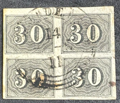 Numerais - Numeral 30 réis Vertical - Quadra com carimbo "SANTOS" 100 % batido, com pigmentos azuis - RHM 13 CP - 900 U