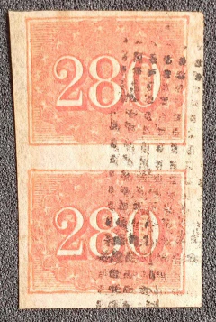 Numeral colorido 280 réis - Par vertical - Usado - Certificado - 1650 ufs