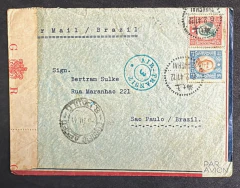 Envelope censurado em Hong Kong, enviado de Shangai para São Paulo, com carimbo de chegada.