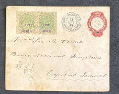 História Postal - Inteiro Postal - envelope Alegoria com sobretaxa 200 réis + Par do Cruzeiro sobrestampado 100 réis (RH