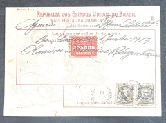 Vale Postal 1913 - Circulado de Bomsucesso para Bahia - Selos - Depósito 30.000 réis e Porte 2x 300 réis