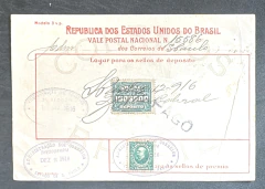 Vale Postal 1916 - Circulado de São Paulo para Bahia - Depósito 100.000 réis e Porte de 1.000 réis