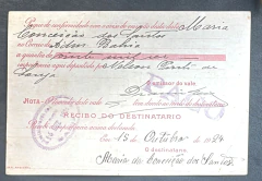 Vale Postal 1924 - Circulado para Bahia - Selos - Depósito 20.000 réis e Porte de 300 réis - comprar online