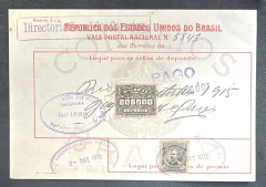 Vale Postal 1915 - Circulado para Bahia - Selos - Depósito 20.000 réis e Porte de 300 réis