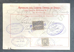 Vale Postal 1915 - Circulado de São Paulo para Bahia - Selos - Depósito 20.000 réis e Porte de 300 réis