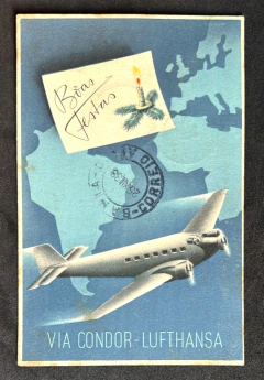 Bilhete Postal Circulado (Rio-Bahia) 24/12/1938 - Boas Festas - Condor - Lufthansa