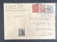Alemanha - Cartão Postal alemão, circulado de Bonn para Zurich com 46 Pfennig de porte (1947).
