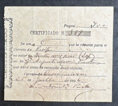 CERTIFICADO DE CARTA DE REGISTRADA COM REMESSA DE VALOR CIRCULADA DE GUARAMIRIM/SC PARA RECIFE/PE no valor de 700 RÉIS c