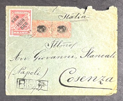 Envelope Registrado, enviado de São Paulo para a Itália com franquia composta por Madrugada + Jornal sobrestampado com c