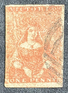 Vitória (1850) Rainha Vitória, Selo # 1å (Castanho Alaranjado) Usado (Linha sobre Victória) USD$ 2,729.00 (Stamp World)