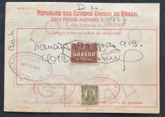 Vale Postal Nacional - Mod. 3.v.p. Circulado do Amazonas para Bahia, em 1913. Anotação manuscrita "D.H" - Valor: 50$000