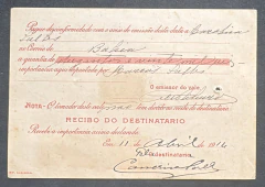 Vale Postal Nacional - Mod. 3.v.p. Circulado do Estado do Rio para Bahia, em 1914. - Valor: 220$000 - comprar online