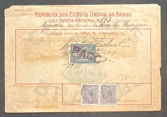 Vale Postal Nacional - Mod. 3.v.p. Circulado de Serra da Passagem para Bahia, em 1919. - Valor: 100$000